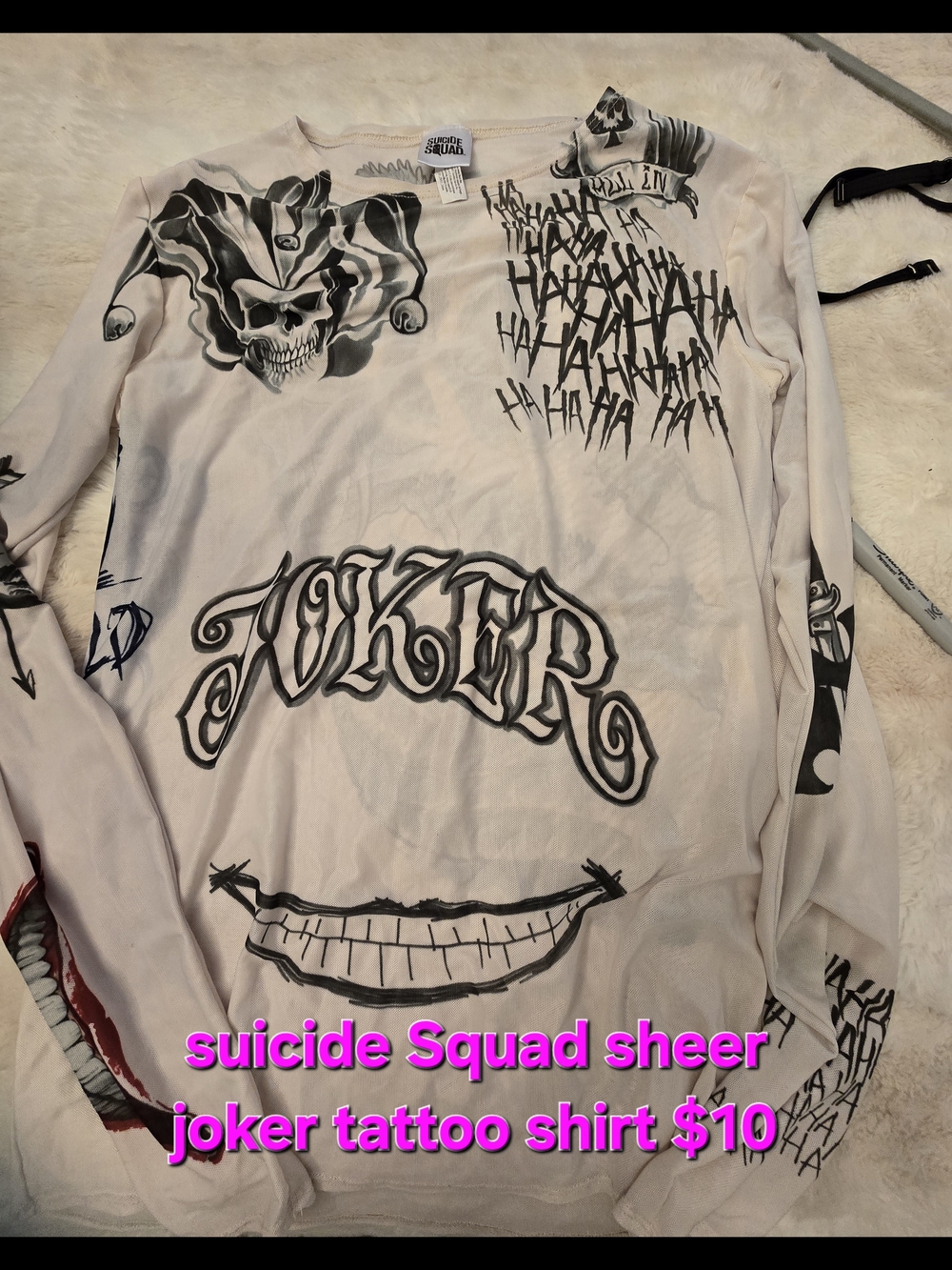 Sheer Joker Graphic Tattoo Shirt - White with Black Print